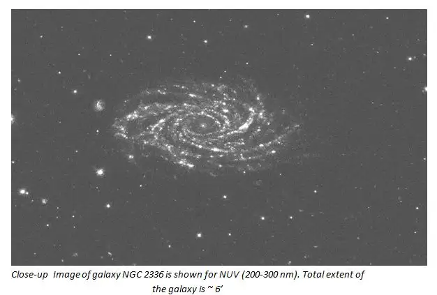 Close-up image of galaxy NGC 2336 is shown for NUV (200-300nm). Total extent of the galaxy is ~6'