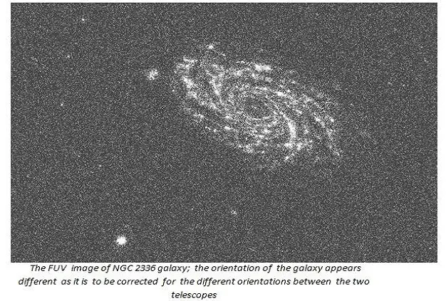 The FUV image of NGC 2336 galaxy ; the orientation of the galaxy appears different as it is to be corrected for the different orientations between the two telescopes  