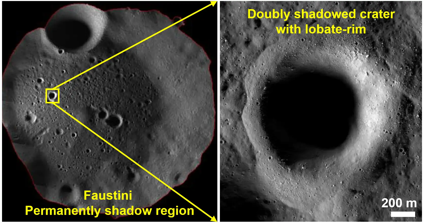 Left panel: Shadowcam image mosaic of the Faustini crater,Right panel:ShadowCam image of a 1.1 km diameter doubly shadowed crater