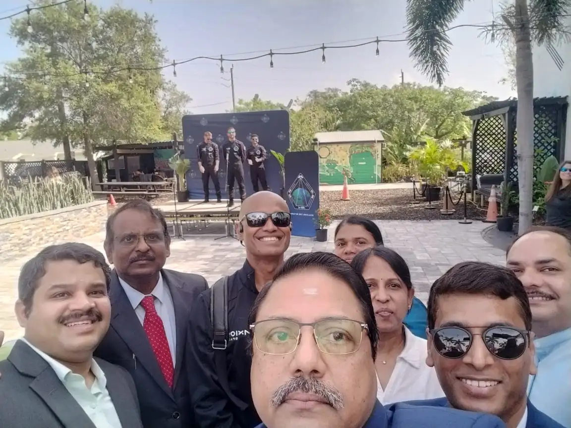Gaganyatri Shubhanshu Shukla with ISRO Chairman & ISRO Officials prior to space travel at a quarantine facility in the US. Gaganyatri was at a safe distance due to quarantine protocol
                                        