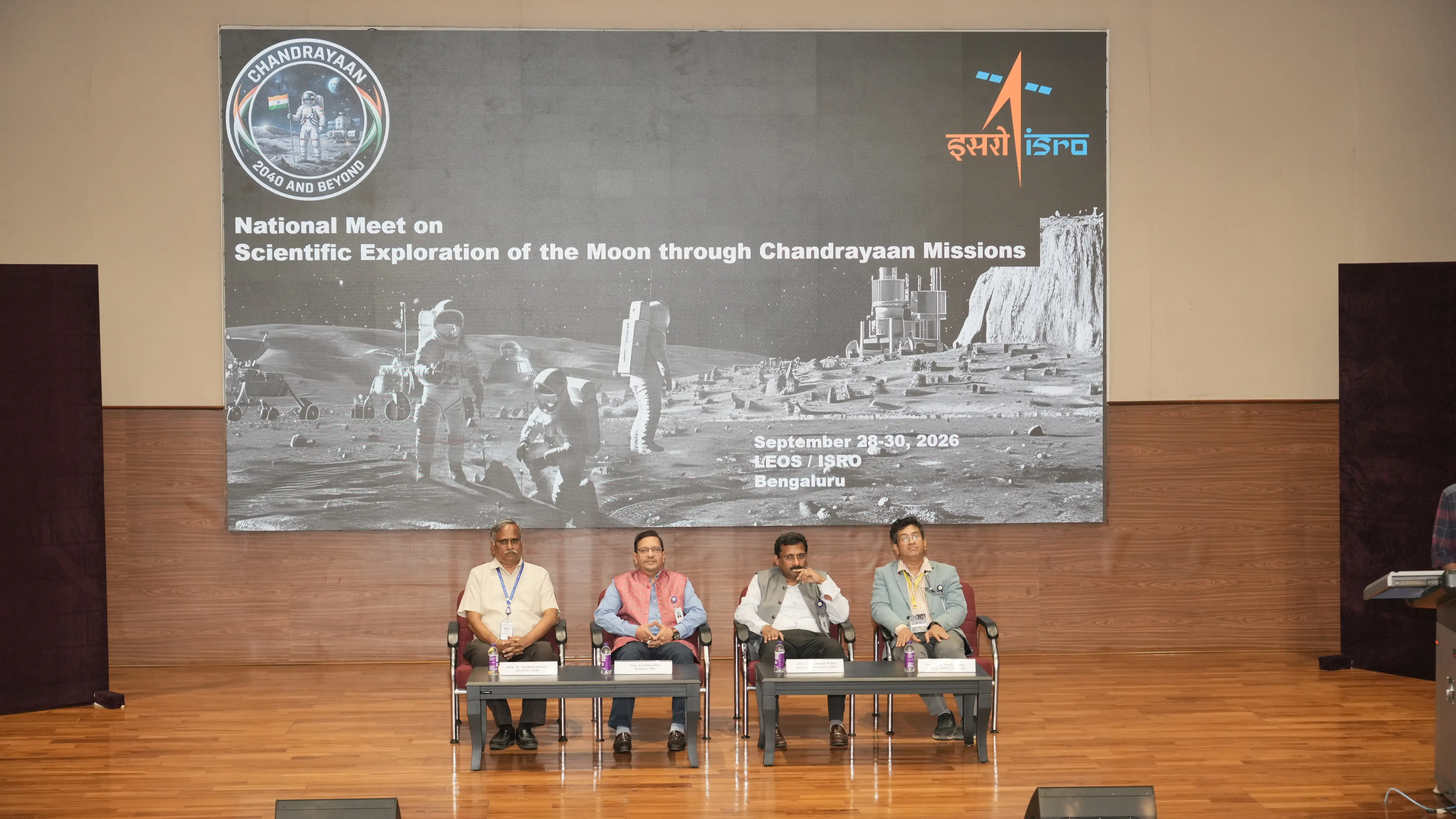 During the inaugural session on the Chandrayaan National Meet on September 28, 2026. From the left: Shri R. Venkateswaran, Director, LEOS; Prof. Anil Bhardwaj, Director, PRL; Shri M Ganesh Pillai, Scientific Secretary, ISRO, and Dr. Tirtha Pratim Das, Director, Science Programme Office, ISRO Headquarters