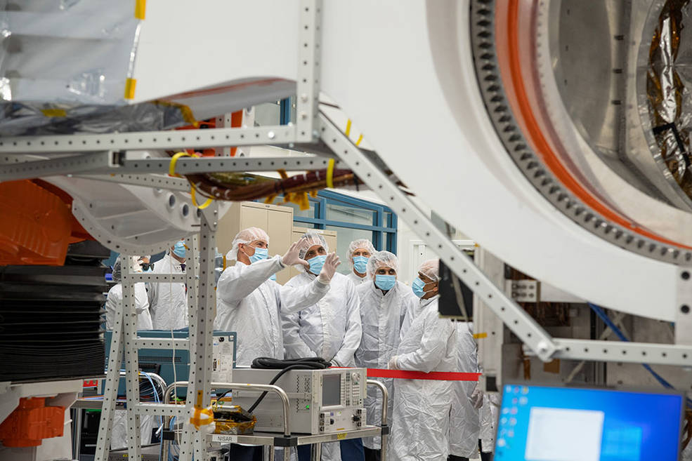 NASA's NISAR Project Manager Phil Barela speaks in a JPL clean room 