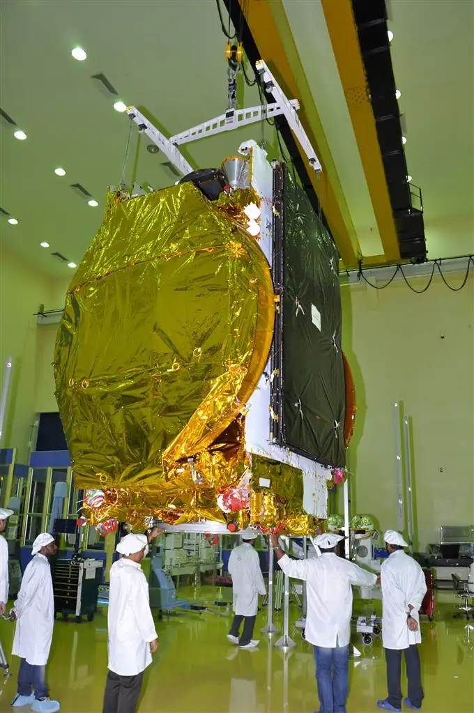 GSAT-18 being hoisted for a prelaunch test