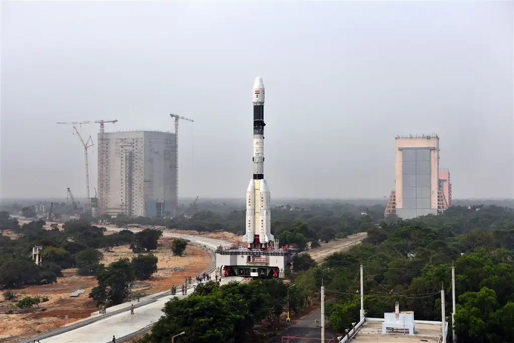 Panoramic view of GSLV-F08 on the Mobile Launch Pedestal with the Vehicle Assembly Building in the background