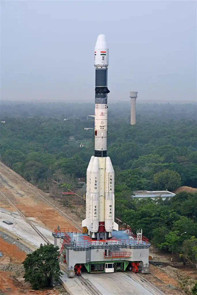 A side view of GSLV-F08 on the Mobile Launch Pedestal proceeding towards the Umbilical Tower