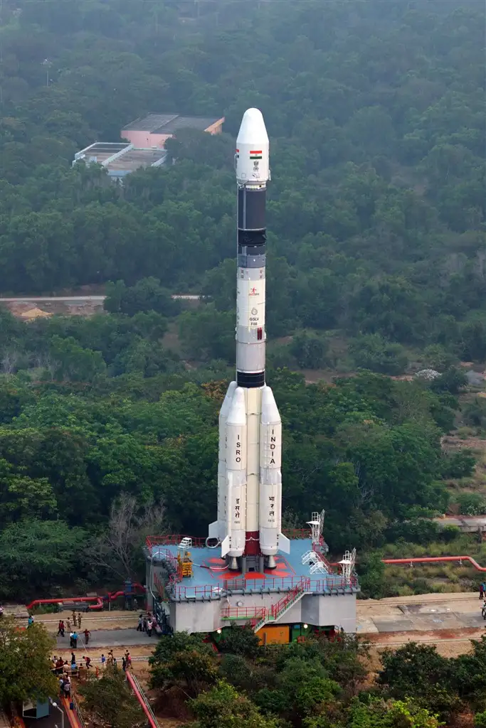 Full view of GSLV-F08 on Mobile Launch Pedestal proceeding towards the Umbilical Tower