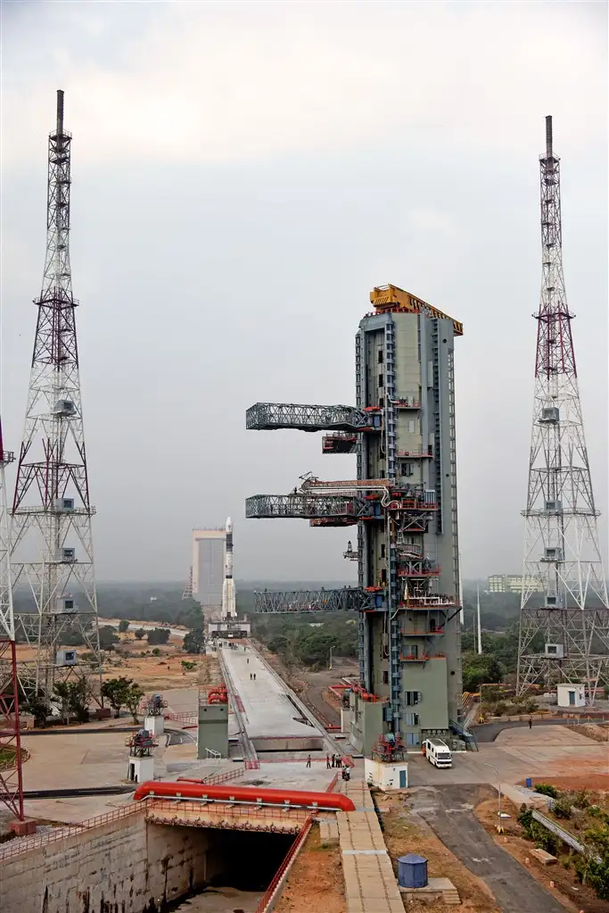 Full view of GSLV-F08 on Mobile Launch Pedestal proceeding towards the Umbilical Tower