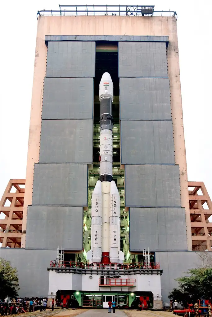 GSLV-F08 on the Mobile Launch Pedestal emerging from Vehicle Assembly Building