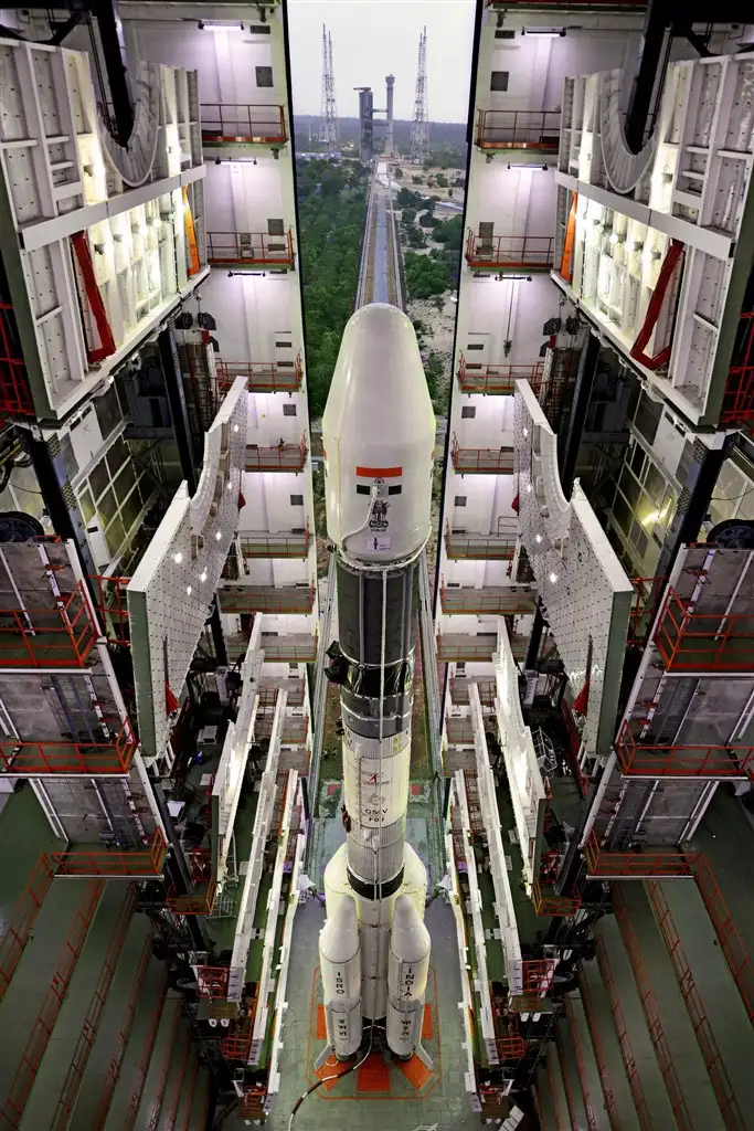 A view of fully integrated GSLV-F09 from the top of Vehicle Assembly Building