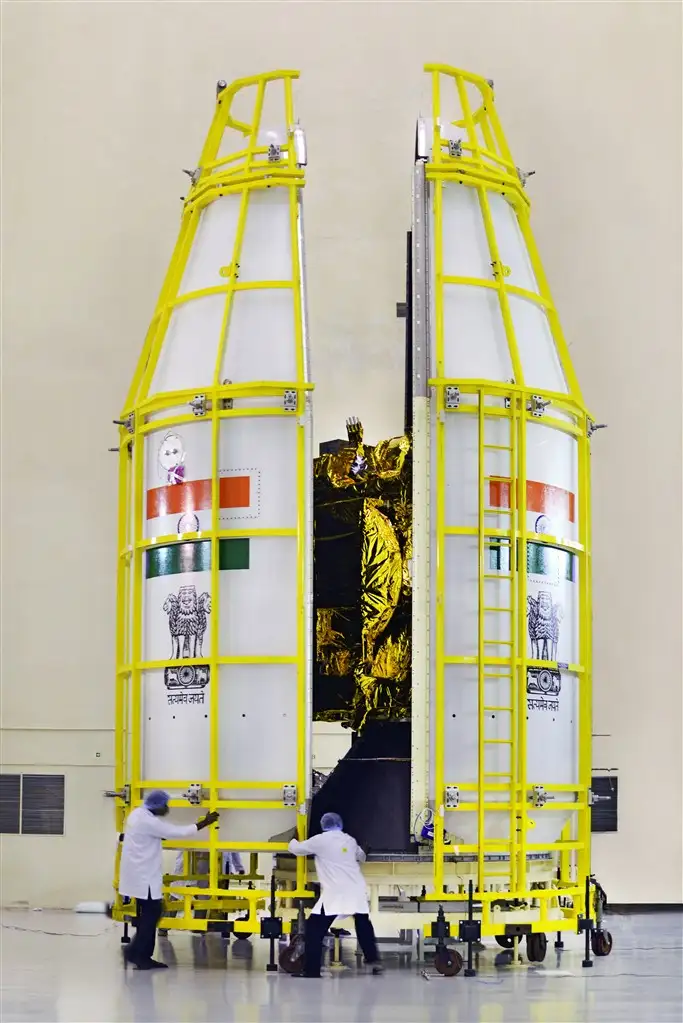 GSLV-F09 Heat-shield is being closed with GSAT-9 satellites inside