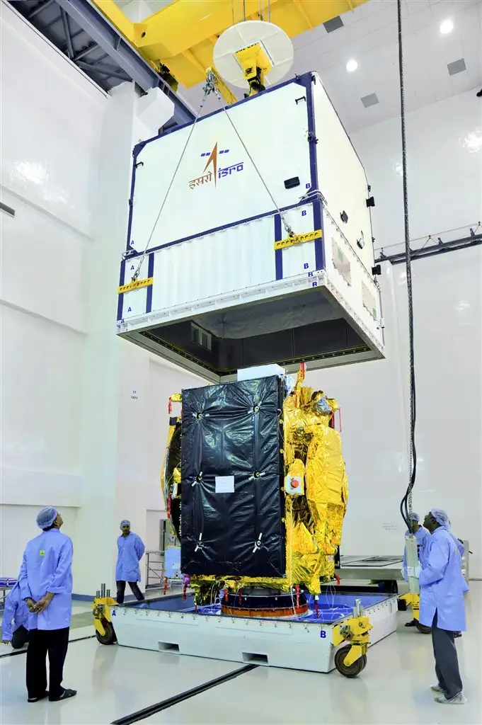 GSAT-9 being unloaded from its transportation container at clean room at SDSC SHAR