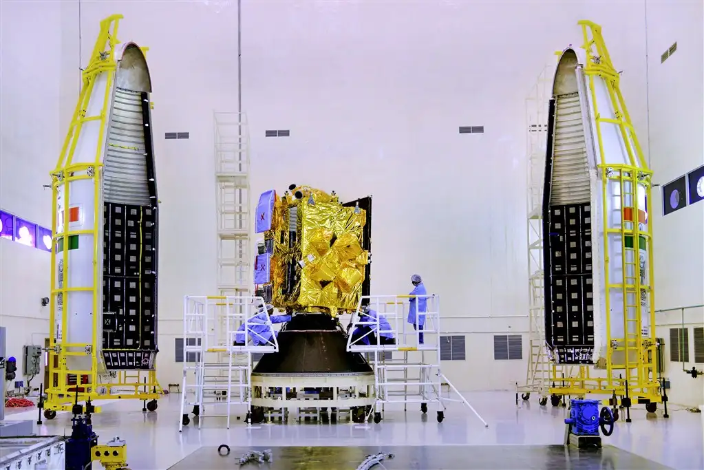 INSAT-3DR seen with two halves of payload faring of GSLV-F05