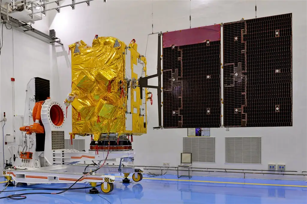 INSAT-3DR Satellite in clean room with  solar panel deployed