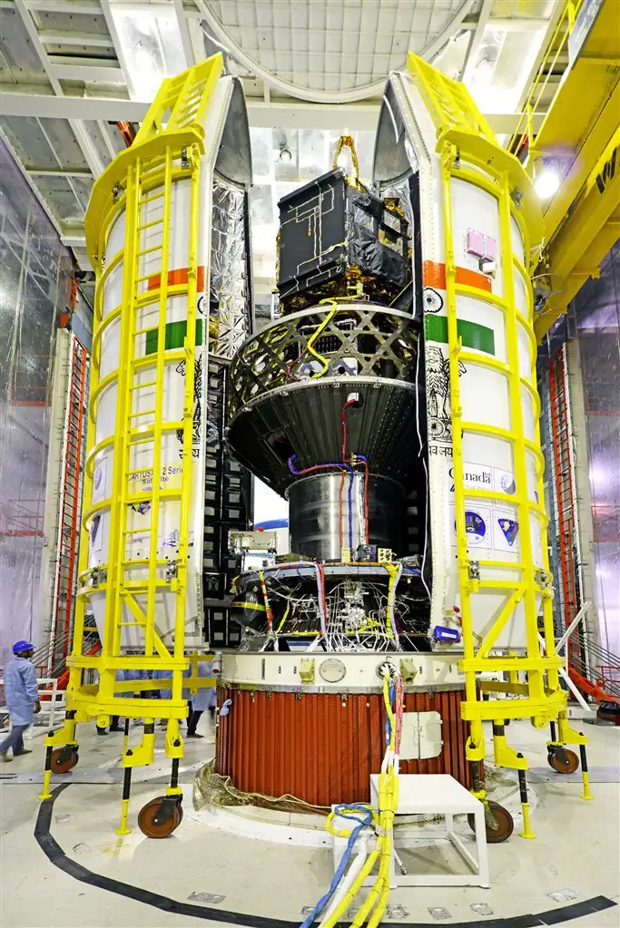 All the 20 Spacecrafts integrated with PSLV-C34 - two halves of the heat shield are seen