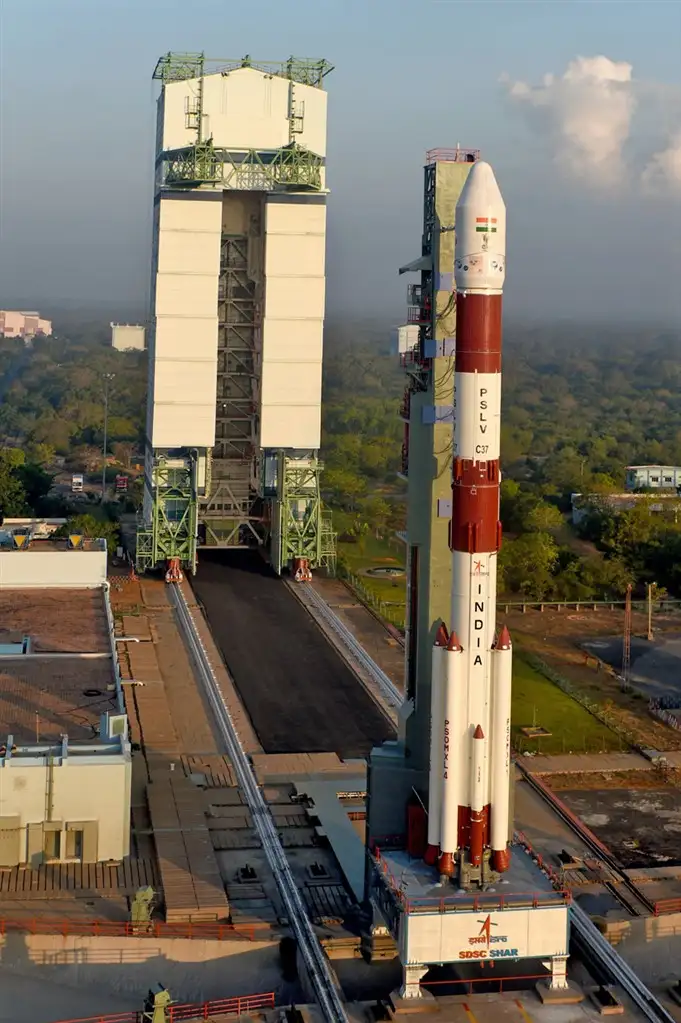 Fully integrated PSLV-C37 seen with Mobile Service Tower