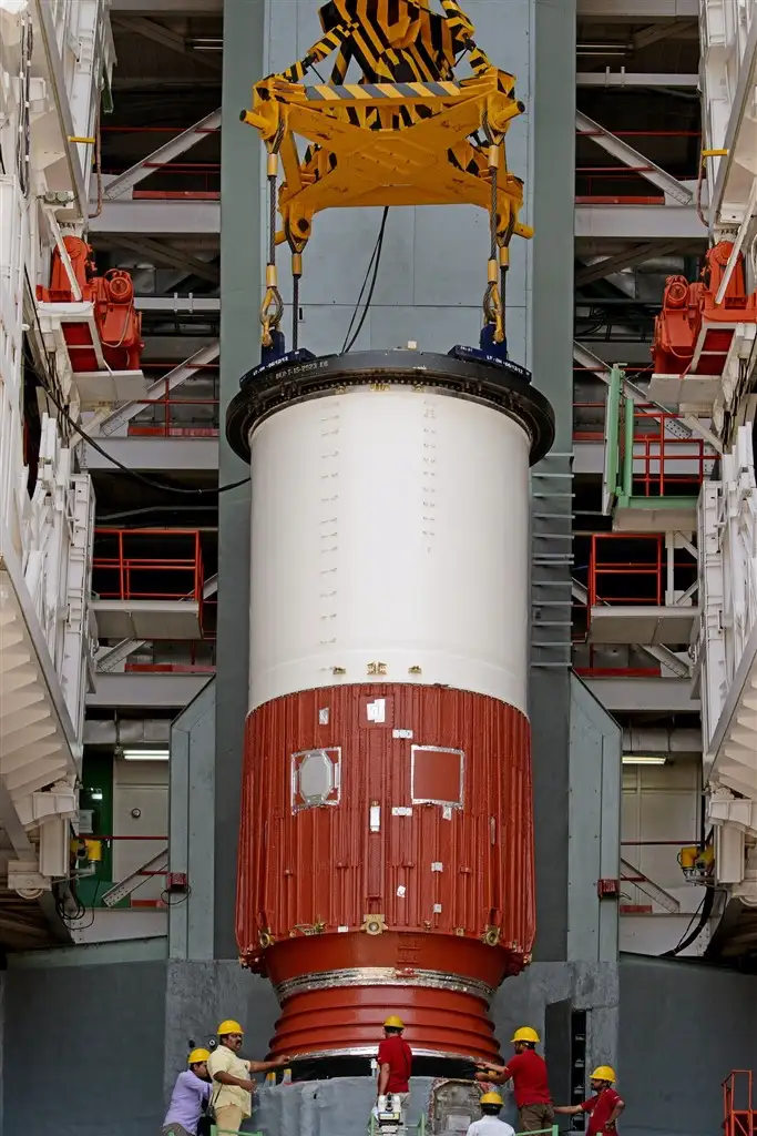 Placement of Nozzle End Segment Module of PSLV-C38 on Launch Pedestal