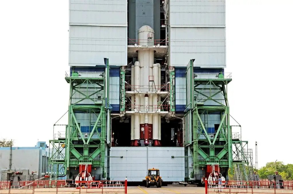 Fully integrated core stage along with strap-ons of PSLV-C38 inside Mobile Service Tower