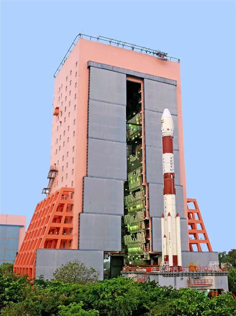 Fully Integrated PSLV-C45 on Mobile Launch Pedestal, coming out Vehicle Assembly Building